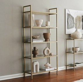 Nowoczesny złoty regał na książki, 80 cm x 165 cm x 30 cm | konstrukcja ze szkła hartowanego i metalu w 100%, możliwość montażu na ścianie,