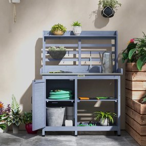 Outsunny Stół ogrodniczy z szafką, Powierzchnia robocza z aluminium, Przestrzeń przechowywania, 112x47x146cm, Szary