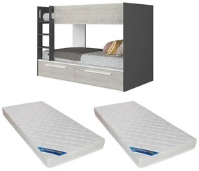 Łóżko piętrowe 2 x 90 x 200 cm - 2 szuflady - Antracytowy, biały i naturalny + Materac - TINOLI