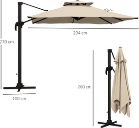 Outsunny Parasol ogrodowy, odporny na warunki atmosferyczne, z 1 korbką, 2,94 x 2,94 x 2,7 m, Khaki