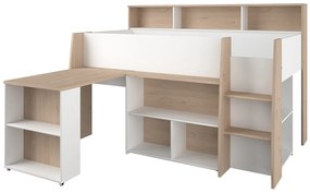 Łóżko piętrowe 90 x 200 cm z biurkiem i schowkami - Biały i naturalny - APOLINO