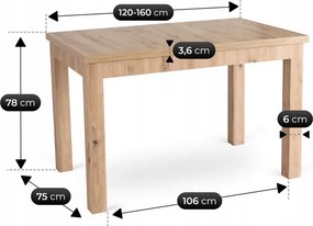 Stół Prostokątny Rozkładany SKUBI 120-160 cm Dąb Artisan Skandynawski