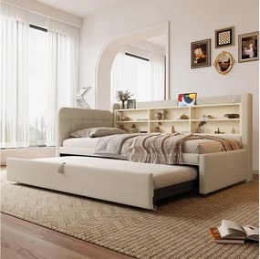 Łóżko wysuwane 90/180 x 200 cm - Łóżko podwójne z podłokietnikami i ładowarką USB - beżowa pościel - materac nie jest wliczony w cenę