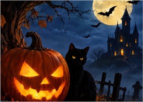Obraz - Czarny kot przy świecącej dyni na Halloween (70x50 cm)