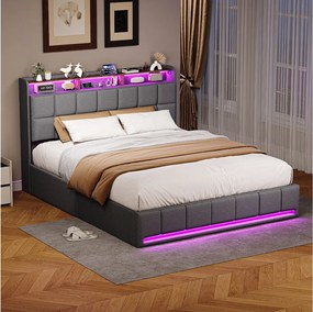Łóżko z pojemnikiem 160x200 cm szare z oświetleniem LED RGB, wbudowanym USB, 3 szufladami, tkanina lniana i nośnością 350 kg – styl nowoczesny