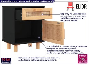 Czarna szafka nocna z naturalnym rattanem - Lucda 3X