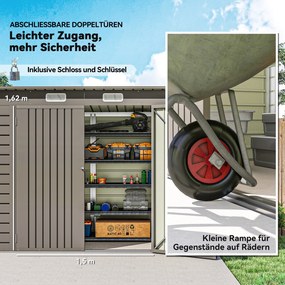 Outsunny Metalowy domek ogrodowy, domek na narzędzia, podwójne drzwi, 249 x 121 x 166/183cm, jasnoszary | Aosom PL