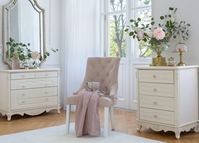 Eleganckie krzesło do jadalni lub salonu Opera beżowe. Krzesło z pikowanym oparciem chesterfield, drewniane białe nogi. Tkanina welwetowa, odporna na wsiąkanie płynów.