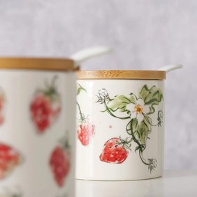 Ceramiczny pojemnik z łyżką i bambusową pokrywą, STRAWBERRY