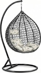 Czarny wiszący fotel KOKON ze stojakiem, beżowa poduszka