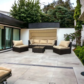 Wielofunkcyjny zestaw mebli ogrodowych - narożnik, leżanka z daszkiem Galicja 101 brąz, poduszki beżowe