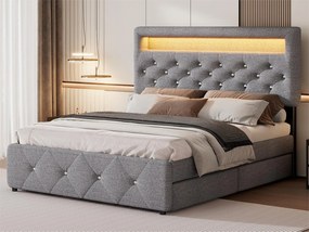 Łóżko dwuosobowe tapicerowane 140x200cm z LED - z łóżkiem wysuwanym i 2 szufladami - Tkanina lniana - Szary