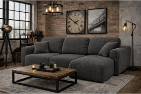 Narożnik w kształcie L z funkcją spania i pojemnikiem Bingo L, tkanina sztruksowa Poso, Szary, Prawy