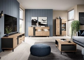 Stolik kawowy Ruth dąb artisan czarny antracyt – nowoczesny stolik z lamelami, półką i szufladą