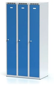 Alfa 3 Metalowa szafka ubraniowa, 3-drzwiowa, 1800 x 900 x 500 mm, zamek obrotowy, drzwi niebieskie