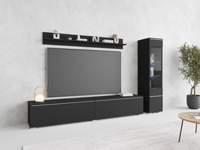 Zestaw mebli do salonu 3 elementy z LED – szafka RTV 180 cm witryna i półka, czarny mat