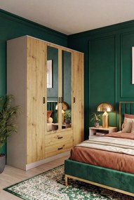 Czterodrzwiowa szafa z lustrem w kolorze kaszmir + dąb artisan R0-W23