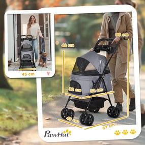 PawHut Wózek dla psa, składany, z oknem z siatki, zdejmowany dach, uchwyt na kubek, koszyk na dole, metalowa rama, szary, 67 x 45 x 96 cm