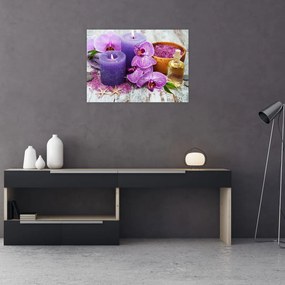 Obraz na szkle - storczyki i świece (70x50 cm)