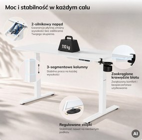 Biurko elektryczne z regulacją wysokości ergonomiczne białe,1400x700 mm: ARIA