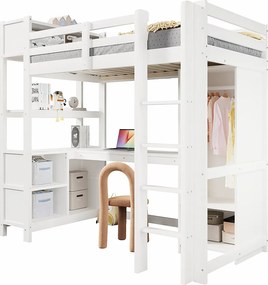 Łóżko piętrowe dla dzieci - 90 x 200 cm - z półkami + biurko + szafa - drewno - białe