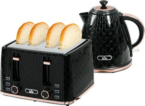 HOMCOM Zestaw kuchenny 2-w-1, toster i czajnik, kilka opcji, 1,7 L, 4 kromki jednocześnie, plastikowy, czarny