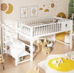 Łóżko piętrowe dla dzieci niskie - 90 x 200 cm - z drabinką do przechowywania - rama metalowa - białe