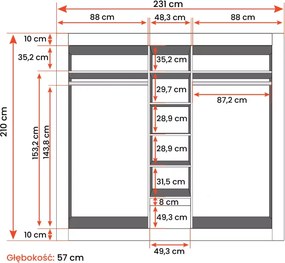 Szafa 5-drzwiowa Arion 231 cm z lustrem, biała z frontami Kathult szarymi, półki, szuflada i drążki