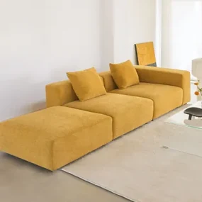 Sofa Modułowa Narożna Prawostronna Z 2 Częściami, Z Wysokim Podłokietnikiem I Pufą (↔︎285 Cm) Bruna Tkaniny Szenil Musztarda - Sklum