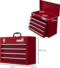 DURHAND Skrzynka narzędziowa z 4 szufladami, górny schowek, stalowe zamki, uchwyt, 51x22x39,5 cm, Czerwona