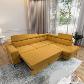 Masseno Narożnik ALVORO z funkcją spania i pojemnikiem na pościel Narozniki L, Rozkładana sofa - Żółty, MATT VELVET 48