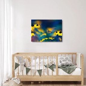 Obraz na szkle - Żółty motyl z kwiatami (70x50 cm)