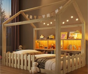 Łóżko domek dziecięcy 90x190 cm - z barierkami bezpieczeństwa - z taśmą LED - otwarte przegródki do przechowywania - naturalny (materac nie jest wliczony w cenę)