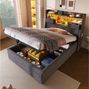 Łóżko z pojemnikiem 90 x 200 cm - Łóżko pojedyncze z 2 kieszeniami bocznymi i 2 szufladami - len szary - materac nie jest wliczony w cenę