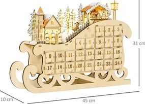 Kalendarz świąteczny w kształcie sań, 24 szufladki z oświetleniem LED, MDF | Aosom PL