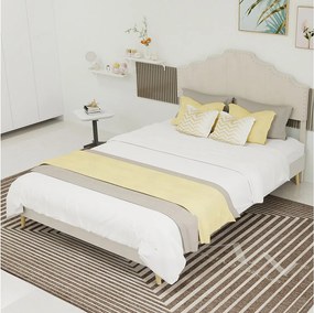 Łóżko dla dorosłych 140x200 cm - Łóżko małżeńskie z wyściełanym zagłówkiem i stelażem z listew - beżowy aksamit - bez materaca