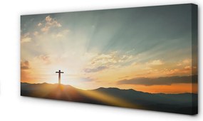 Duży obraz na płótnie Krzyż w Górach o Zachodzie Słońca