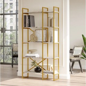 Regał na książki – 87,5 x 175 x 30 cm – Biały i złoty marmur – Metal i płyta wiórowa pokryta melaminą