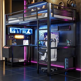 Łóżko piętrowe 90 x 200 cm z biurkiem narożnym, schowkiem, oświetleniem LED, gniazdkami i portami USB - MDF i metal - czarne (materac nie jest wliczony w cenę)