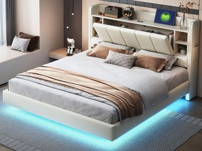 Łóżko tapicerowane lniane 160x200 cm - z gniazdem USB + LED - z metalowym stelażem - Beżowe