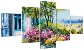 Obraz ogrodu przed domem, obraz olejny (125x70 cm)