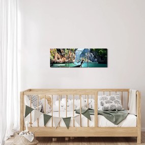 Obraz - Wodny śródziemnomorski krajobraz z łodzią (z zegarem) (90x30 cm)