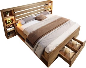 Łóżko dla dorosłych 180×200 cm z drewna + MDF - z lampką do czytania + gniazdkami do ładowania - z podstawą z listew - Naturalne