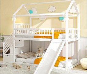 Łóżko piętrowe dla dzieci 90x200 cm - ze zjeżdżalnią i drabinką do przechowywania - lite drewno - z podstawą z listew - Białe