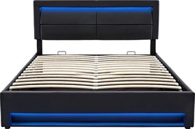 Łóżko 140x200 cm z ekoskóry z LED - z portami do ładowania (przewodowym i bezprzewodowym) - Czarne