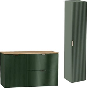 Zielony Zestaw do Łazienki 100cm Szafka Blat Orzech Szafka z Koszem Słupek Ryflowane Fronty