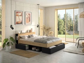 Łóżko 140 x 190 cm - 3 szuflady i 6 wnęk - Naturalny i czarny + Stelaż - CIKETO