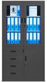 Biurowa przeszklona szafa metalowa na akta z szufladami WIOLA, 900 x 1850 x 400 mm, antracytowa