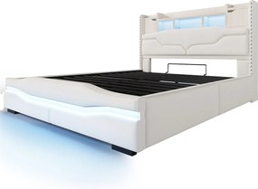 Łóżko z pojemnikiem 160 x 200 cm – z podnośnikiem hydraulicznym i oświetleniem LED – beżowy len – materac nie jest wliczony w cenę