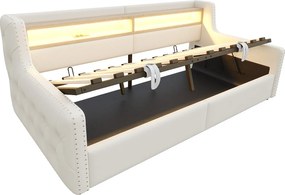 Leżanka 90x200 cm, łóżko dla dorosłych z miejscem do przechowywania, LED i portami USB – beżowy welur (bez materaca)